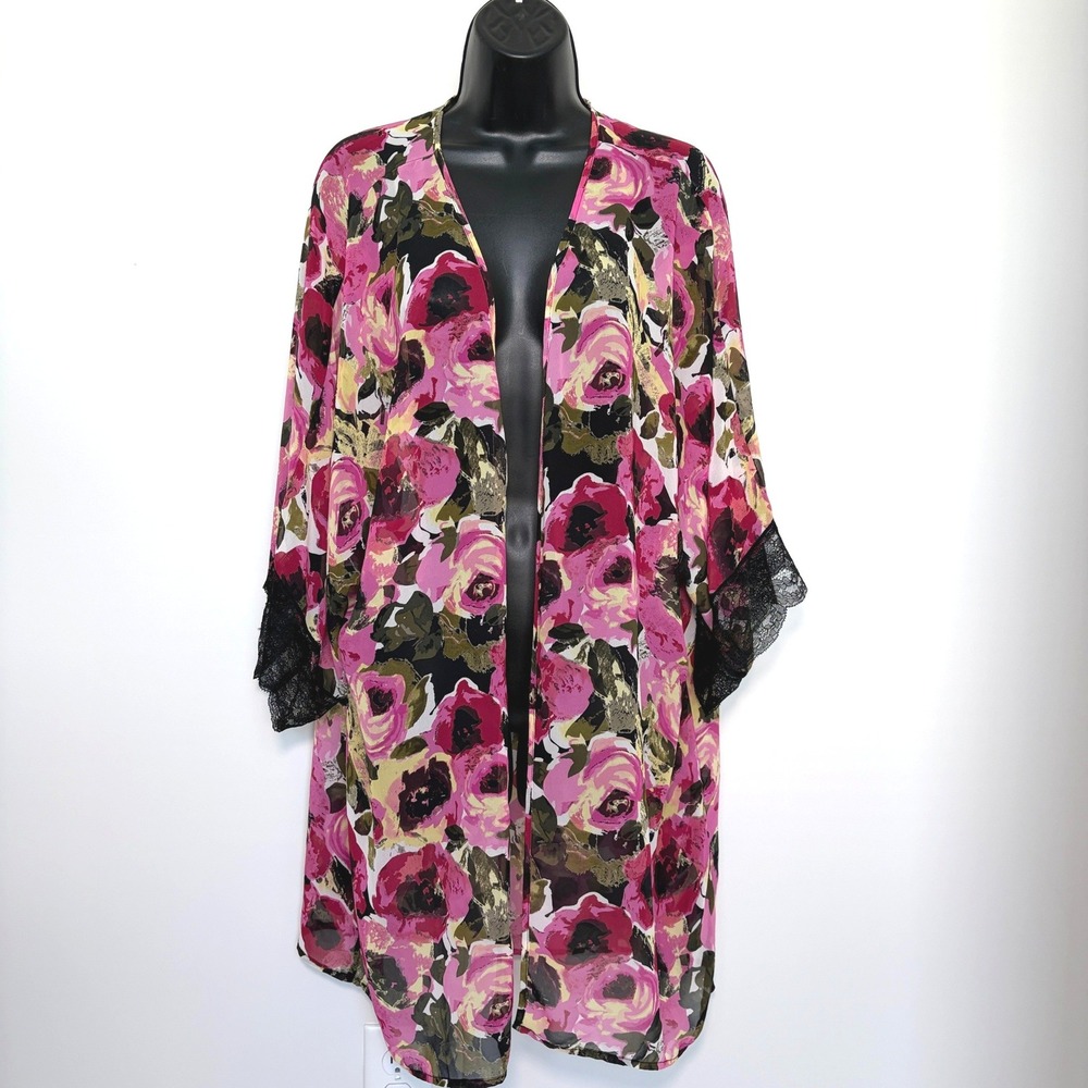 By Eloise Kimono Floral Lace Trim Wrap M/L Pink Olive Rose